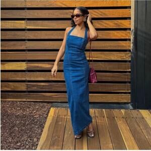 Reformation Evita Halter Neck Denim Midi Dress 4